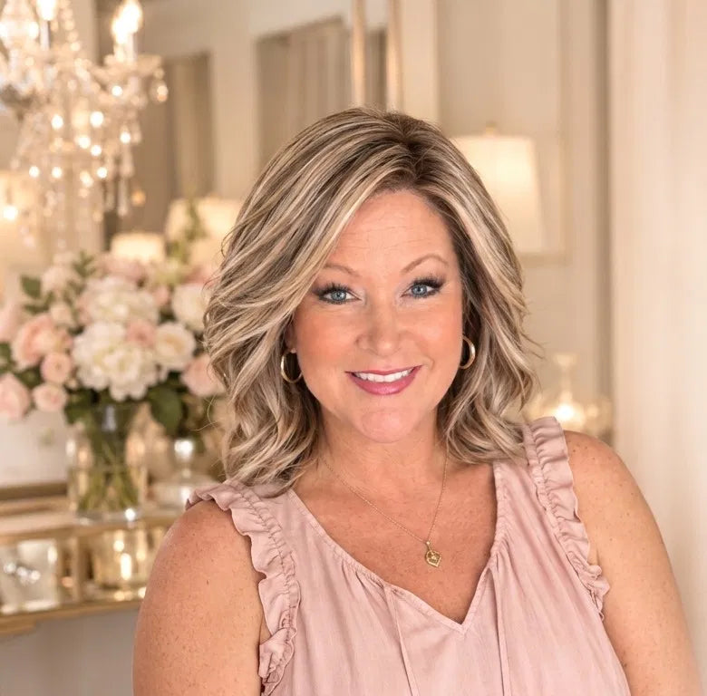 Heather, owner of Heather's Luxe Hair, smiling in her wig boutique